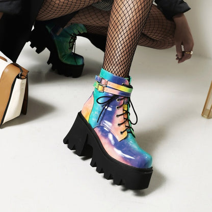 Colorful Square Toe Lace Up Buckle Straps Side Zippers Block Chunky Heel Platform Short Boots for Women