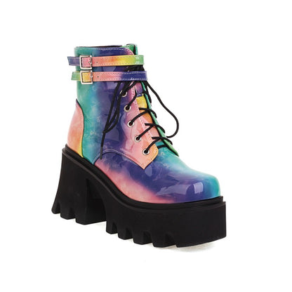 Colorful Square Toe Lace Up Buckle Straps Side Zippers Block Chunky Heel Platform Short Boots for Women