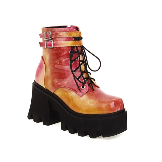 Colorful Square Toe Lace Up Buckle Straps Side Zippers Block Chunky Heel Platform Short Boots for Women