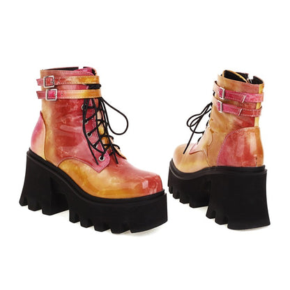 Colorful Square Toe Lace Up Buckle Straps Side Zippers Block Chunky Heel Platform Short Boots for Women