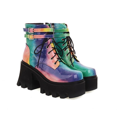 Colorful Square Toe Lace Up Buckle Straps Side Zippers Block Chunky Heel Platform Short Boots for Women