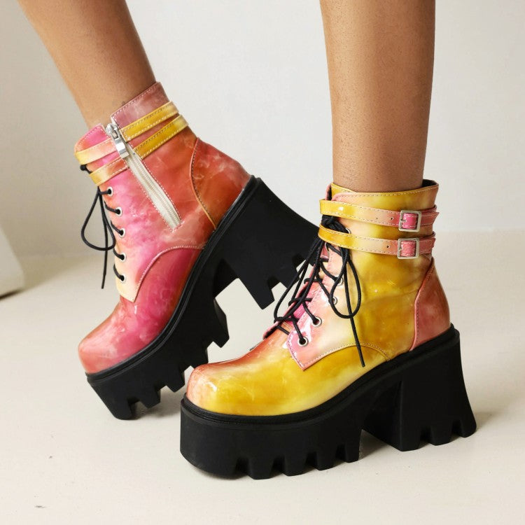 Colorful Square Toe Lace Up Buckle Straps Side Zippers Block Chunky Heel Platform Short Boots for Women