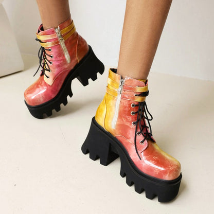 Colorful Square Toe Lace Up Buckle Straps Side Zippers Block Chunky Heel Platform Short Boots for Women