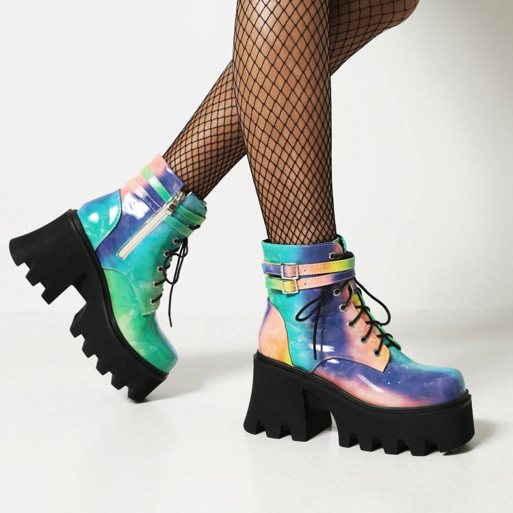 Colorful Square Toe Lace Up Buckle Straps Side Zippers Block Chunky Heel Platform Short Boots for Women