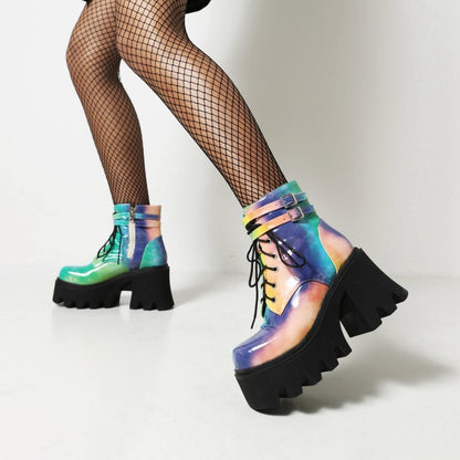 Colorful Square Toe Lace Up Buckle Straps Side Zippers Block Chunky Heel Platform Short Boots for Women