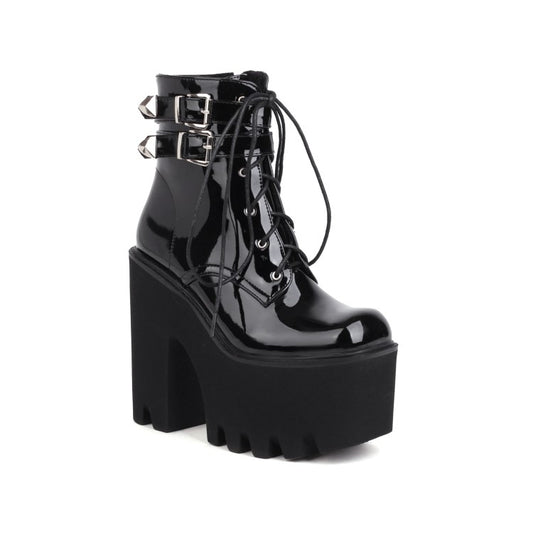 Glossy Square Toe Lace Up Buckle Straps Block Chunky Heel Platform Ankle Boots for Women