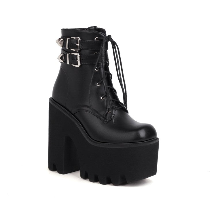 Glossy Square Toe Lace Up Buckle Straps Block Chunky Heel Platform Ankle Boots for Women