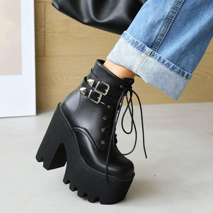 Glossy Square Toe Lace Up Buckle Straps Block Chunky Heel Platform Ankle Boots for Women