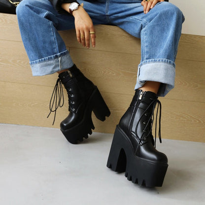 Glossy Square Toe Lace Up Buckle Straps Block Chunky Heel Platform Ankle Boots for Women