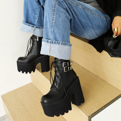 Glossy Square Toe Lace Up Buckle Straps Block Chunky Heel Platform Ankle Boots for Women