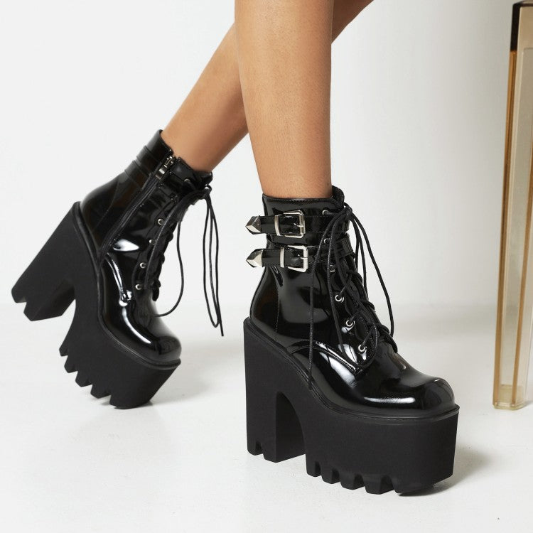 Glossy Square Toe Lace Up Buckle Straps Block Chunky Heel Platform Ankle Boots for Women