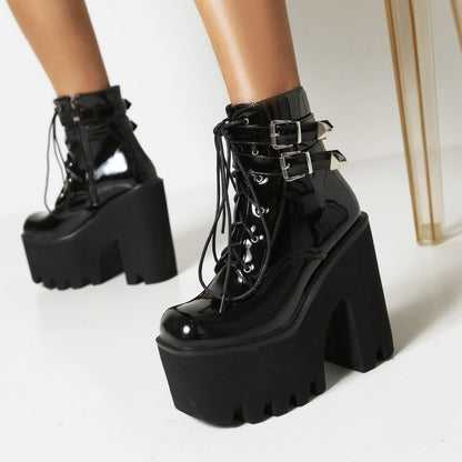 Glossy Square Toe Lace Up Buckle Straps Block Chunky Heel Platform Ankle Boots for Women