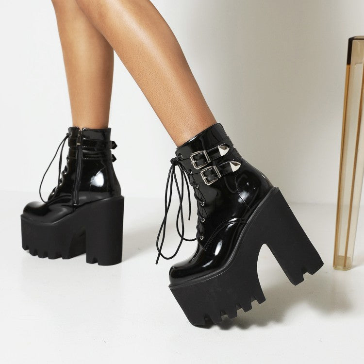 Glossy Square Toe Lace Up Buckle Straps Block Chunky Heel Platform Ankle Boots for Women