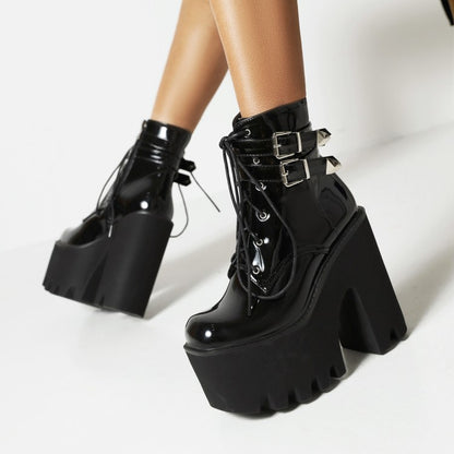 Glossy Square Toe Lace Up Buckle Straps Block Chunky Heel Platform Ankle Boots for Women