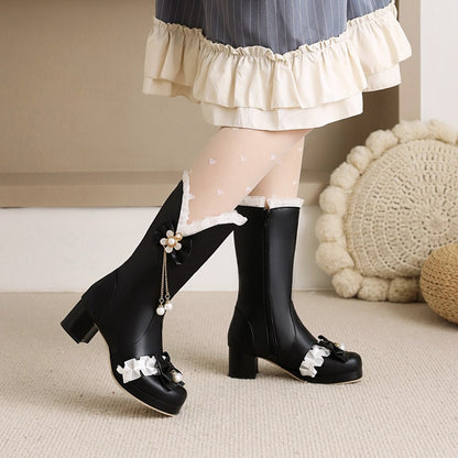 Lace Bow Tie Pearls Block Chunky Heel Platform Knee-High Boots for Women