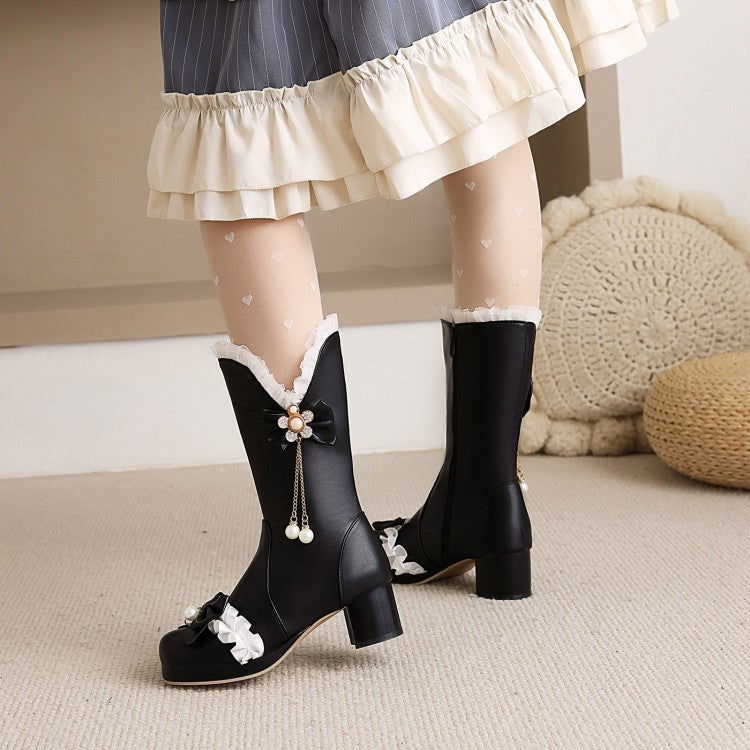 Lace Bow Tie Pearls Block Chunky Heel Platform Knee-High Boots for Women