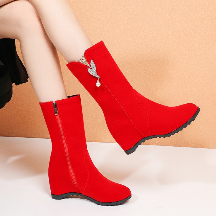 Flock Round Toe Rhinestone Pearls Inside Heighten Ankle Boots for Women