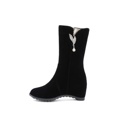 Flock Round Toe Rhinestone Pearls Inside Heighten Ankle Boots for Women