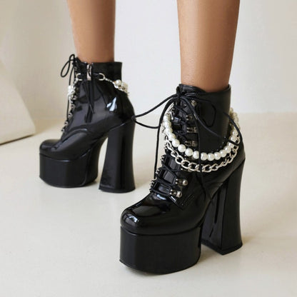 Pu Leather Round Toe Pearls Metal Chains Lace Up Block Chunky Heel Platform Ankle Boots for Women