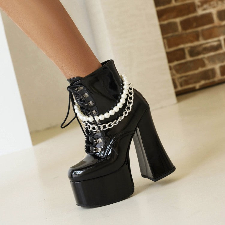 Pu Leather Round Toe Pearls Metal Chains Lace Up Block Chunky Heel Platform Ankle Boots for Women