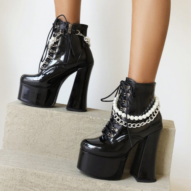 Pu Leather Round Toe Pearls Metal Chains Lace Up Block Chunky Heel Platform Ankle Boots for Women