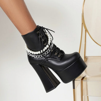 Pu Leather Round Toe Pearls Metal Chains Lace Up Block Chunky Heel Platform Ankle Boots for Women