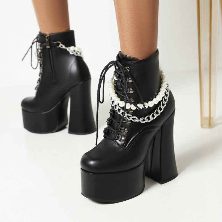 Pu Leather Round Toe Pearls Metal Chains Lace Up Block Chunky Heel Platform Ankle Boots for Women