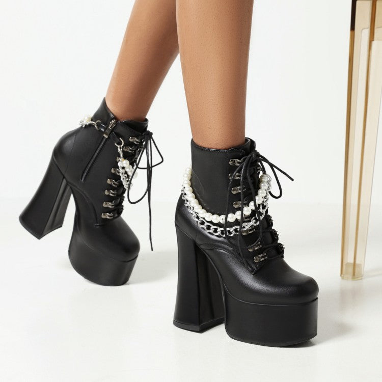 Pu Leather Round Toe Pearls Metal Chains Lace Up Block Chunky Heel Platform Ankle Boots for Women