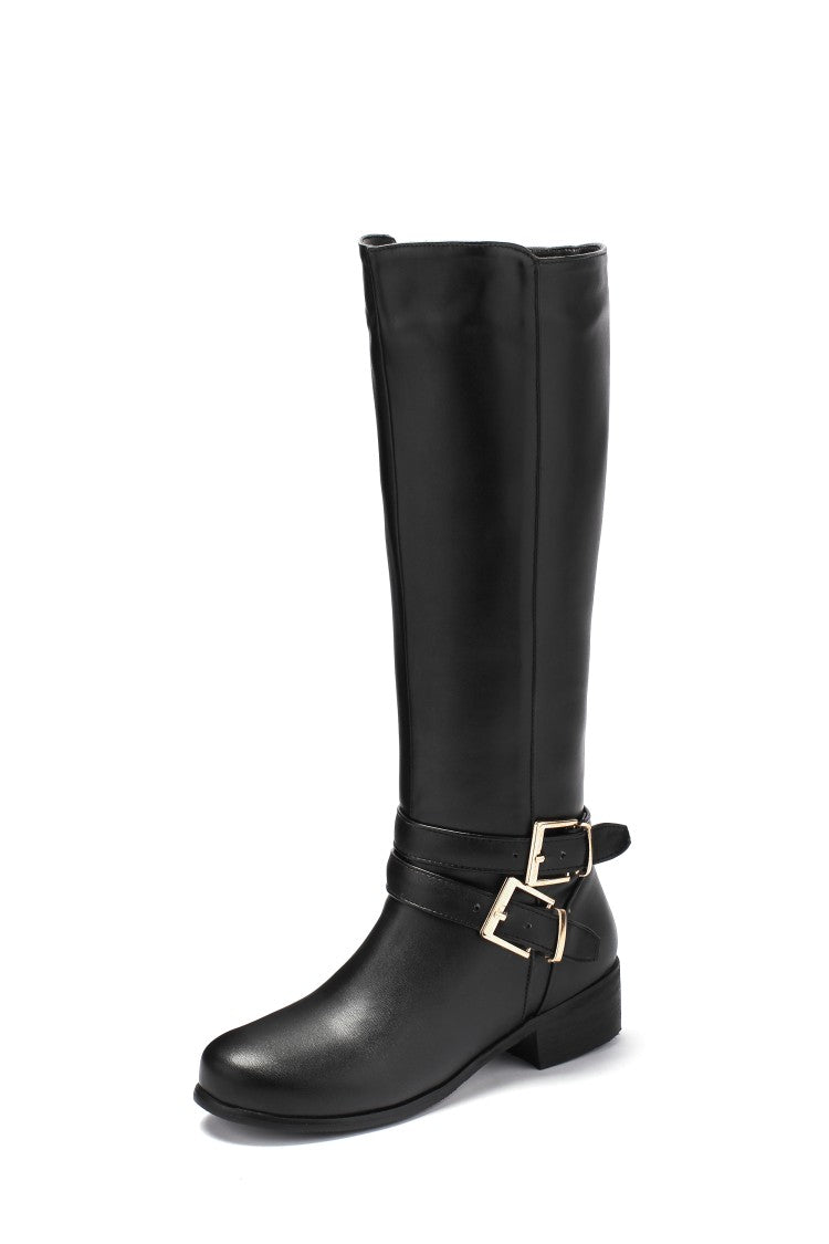 Ladies Buckle Belt Low Heel Knee High Boots