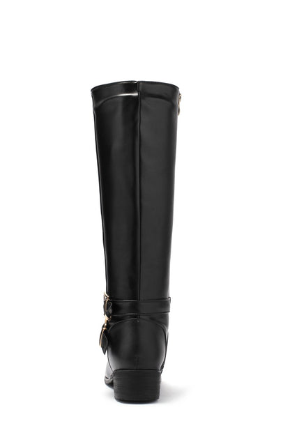 Ladies Buckle Belt Low Heel Knee High Boots