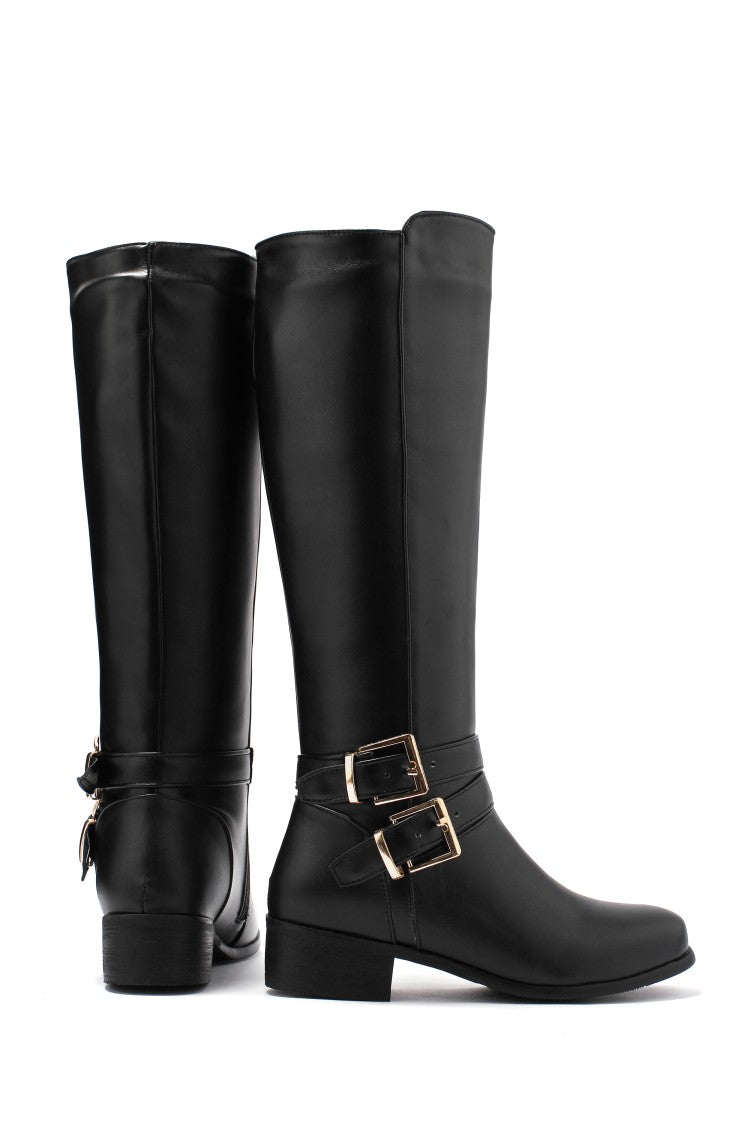 Ladies Buckle Belt Low Heel Knee High Boots