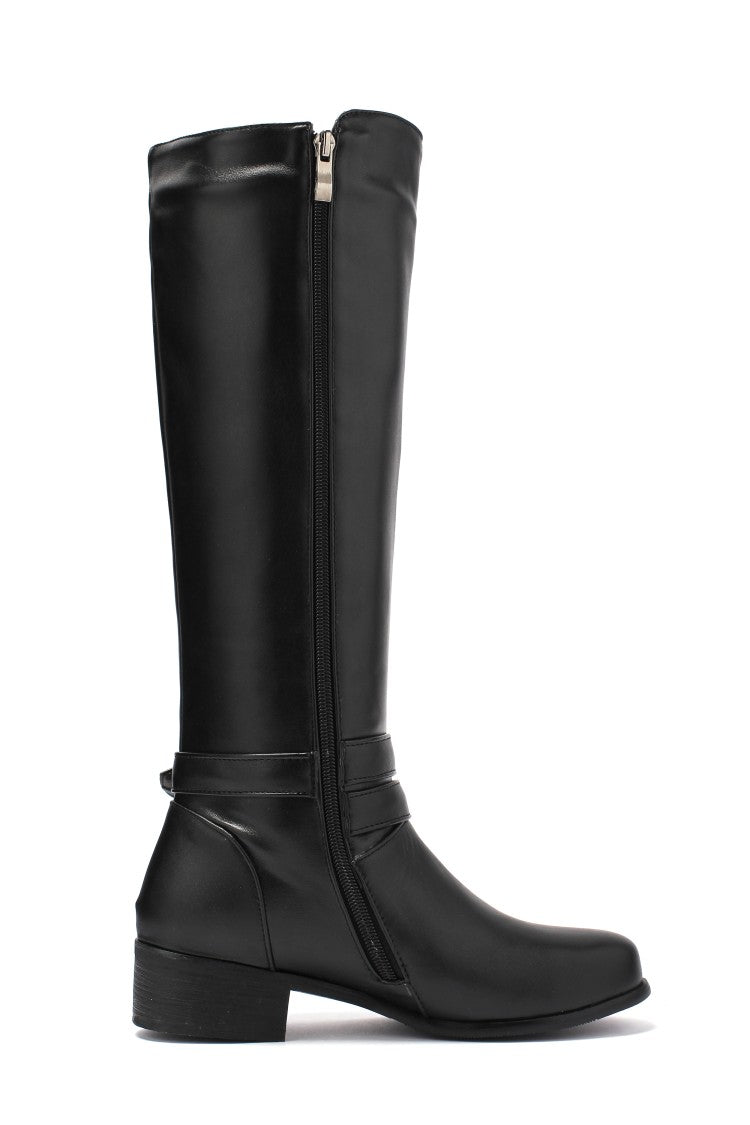 Ladies Buckle Belt Low Heel Knee High Boots