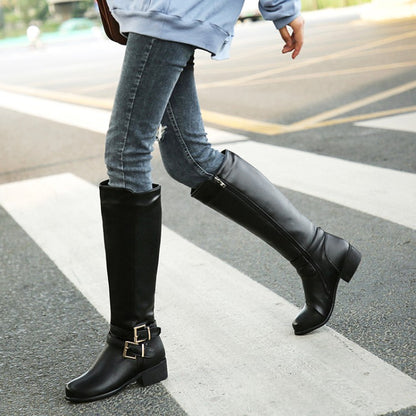 Ladies Buckle Belt Low Heel Knee High Boots