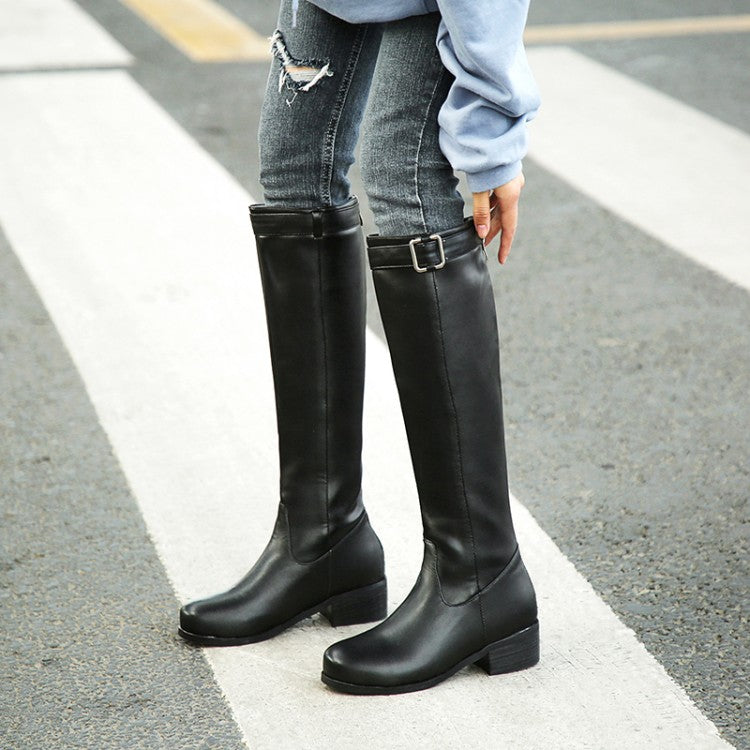 Ladies Buckle Belt Heel Knee High Boots