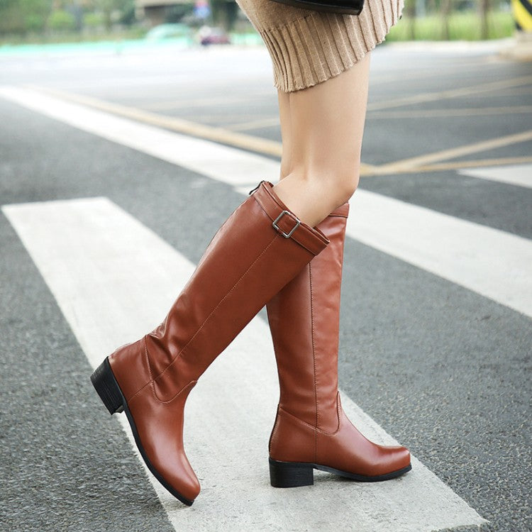 Ladies Buckle Belt Heel Knee High Boots