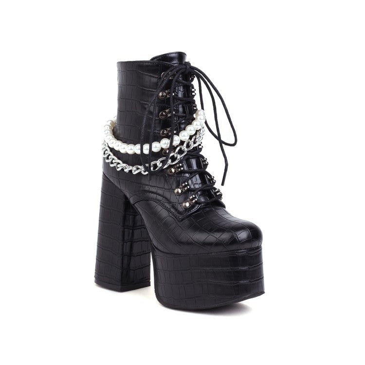 Pu Leather Lace Up Metal Pearls Chains Block Chunky Heel Platform Riding Ankle Boots for Women