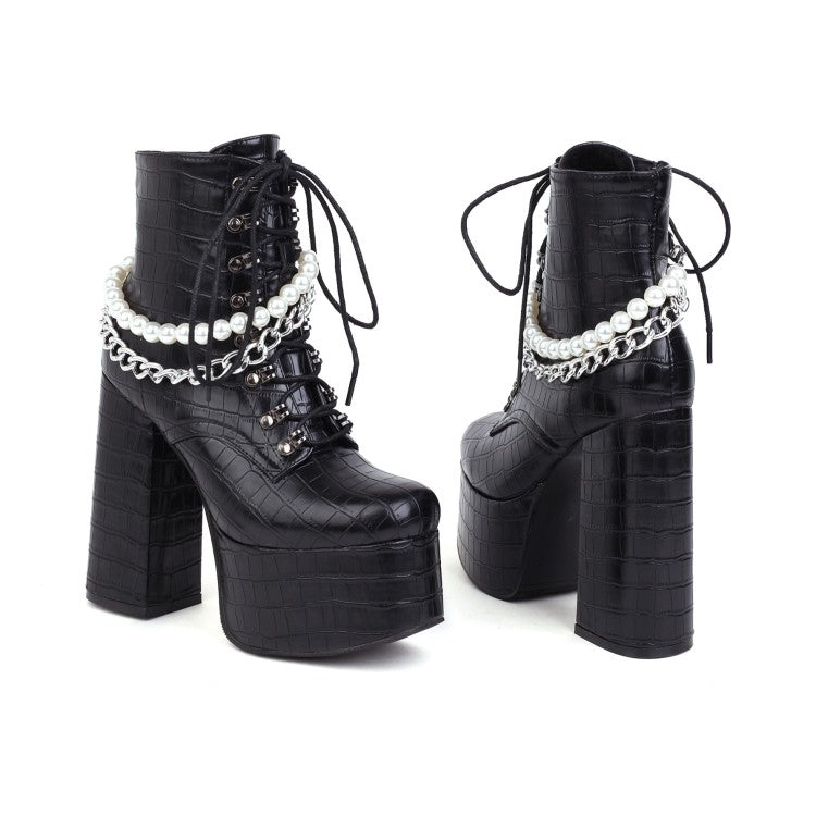 Pu Leather Lace Up Metal Pearls Chains Block Chunky Heel Platform Riding Ankle Boots for Women