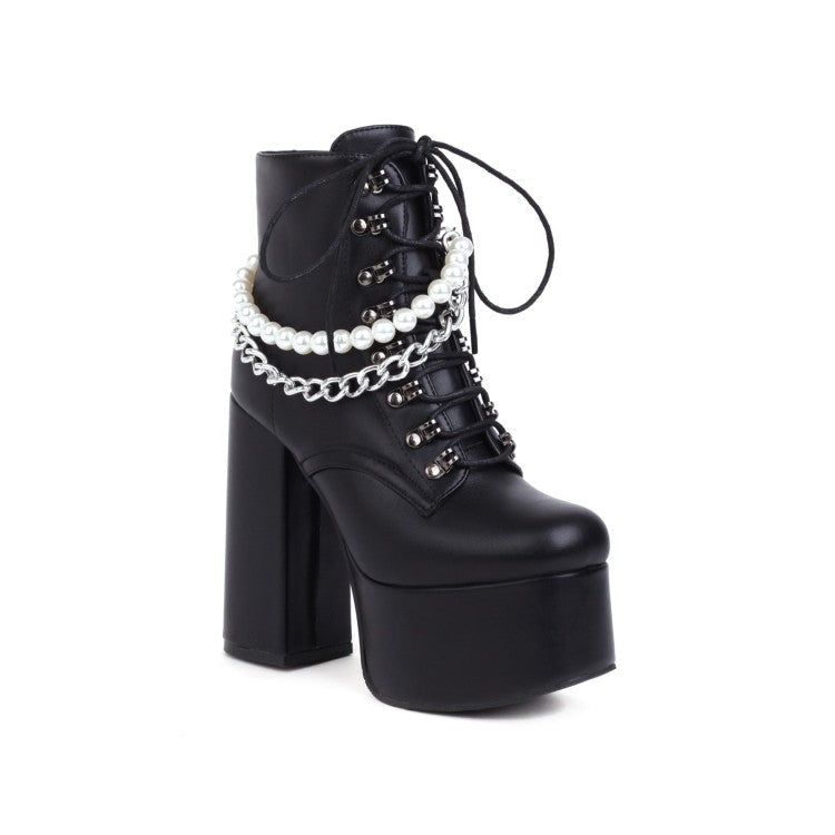 Pu Leather Lace Up Metal Pearls Chains Block Chunky Heel Platform Riding Ankle Boots for Women