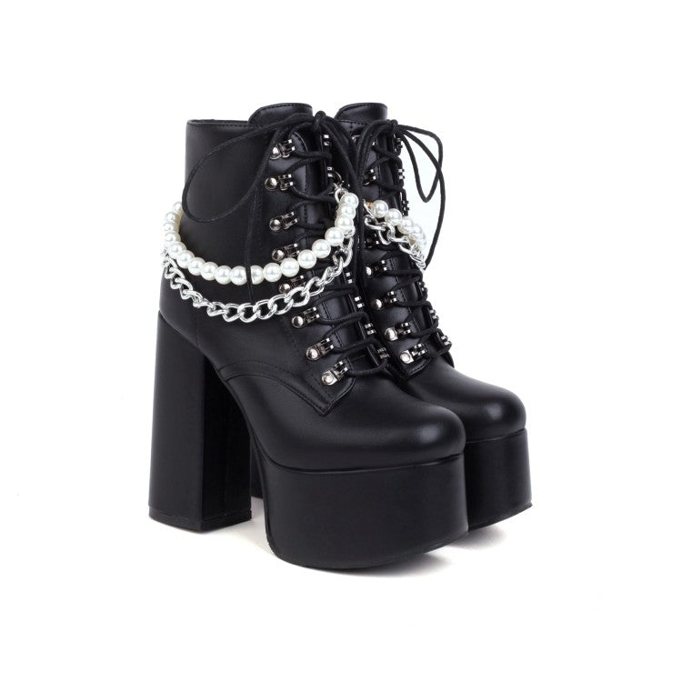 Pu Leather Lace Up Metal Pearls Chains Block Chunky Heel Platform Riding Ankle Boots for Women