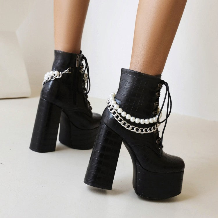 Pu Leather Lace Up Metal Pearls Chains Block Chunky Heel Platform Riding Ankle Boots for Women