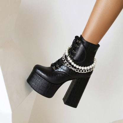 Pu Leather Lace Up Metal Pearls Chains Block Chunky Heel Platform Riding Ankle Boots for Women