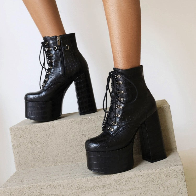 Pu Leather Lace Up Metal Pearls Chains Block Chunky Heel Platform Riding Ankle Boots for Women