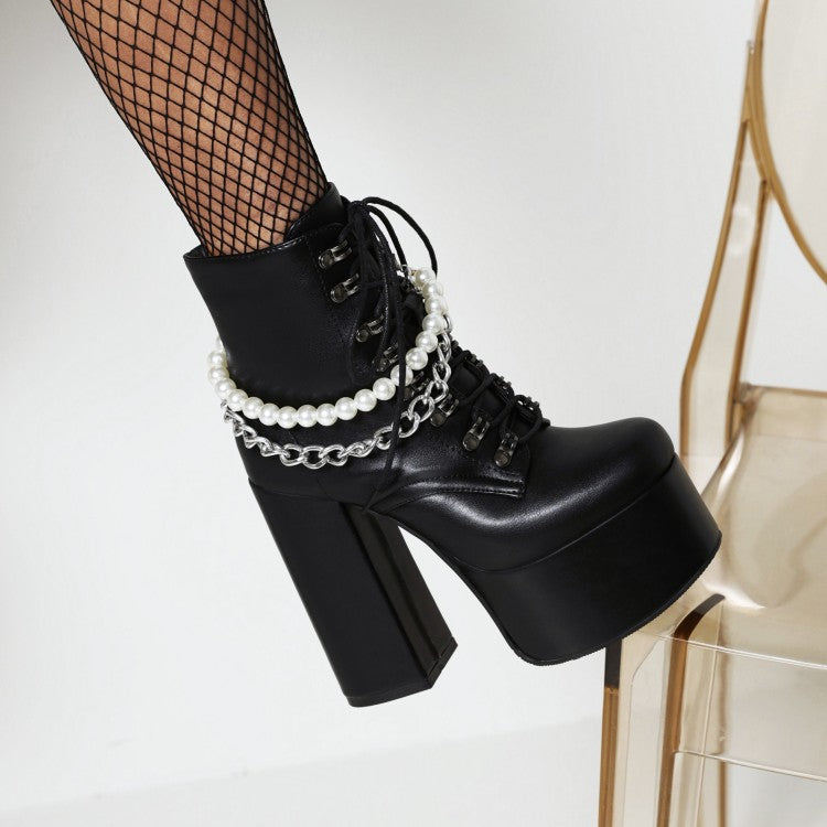 Pu Leather Lace Up Metal Pearls Chains Block Chunky Heel Platform Riding Ankle Boots for Women