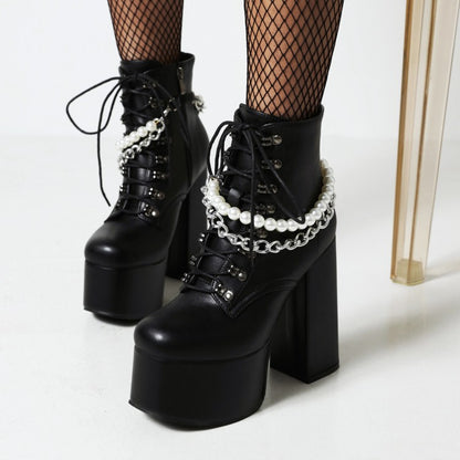 Pu Leather Lace Up Metal Pearls Chains Block Chunky Heel Platform Riding Ankle Boots for Women