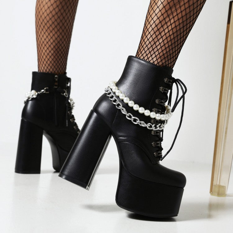 Pu Leather Lace Up Metal Pearls Chains Block Chunky Heel Platform Riding Ankle Boots for Women