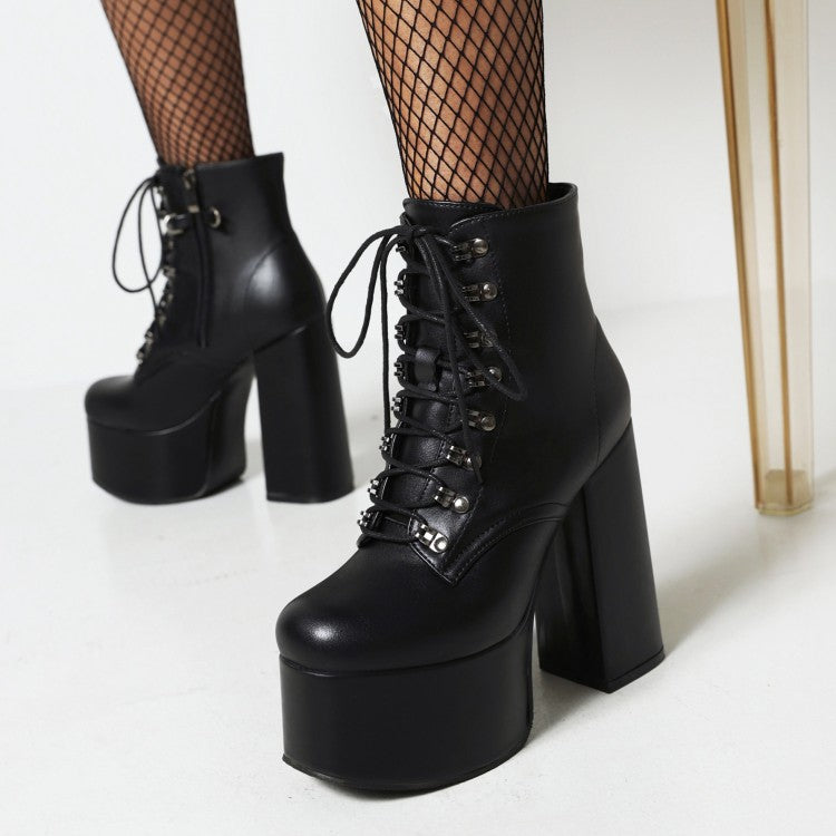 Pu Leather Lace Up Metal Pearls Chains Block Chunky Heel Platform Riding Ankle Boots for Women