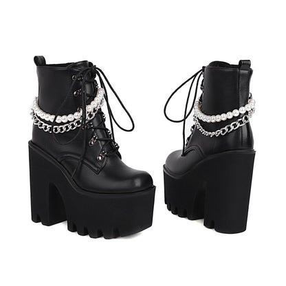 Pu Leather Lace Up Metal Pearls Chains Block Chunky Heel Platform Riding Ankle Boots for Women