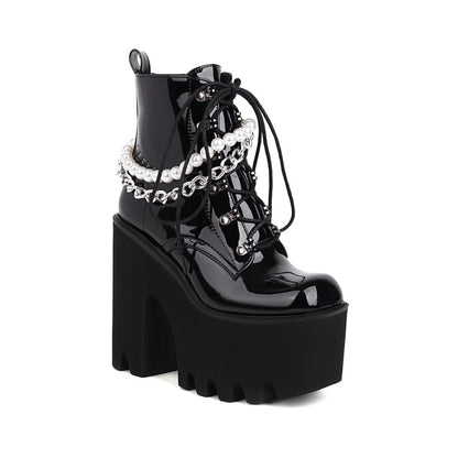 Pu Leather Lace Up Metal Pearls Chains Block Chunky Heel Platform Riding Ankle Boots for Women