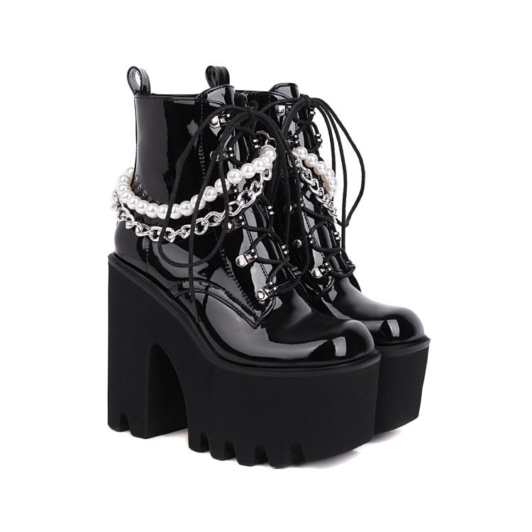 Pu Leather Lace Up Metal Pearls Chains Block Chunky Heel Platform Riding Ankle Boots for Women