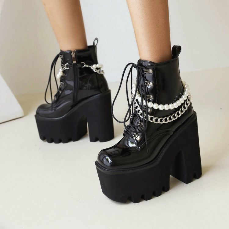 Pu Leather Lace Up Metal Pearls Chains Block Chunky Heel Platform Riding Ankle Boots for Women